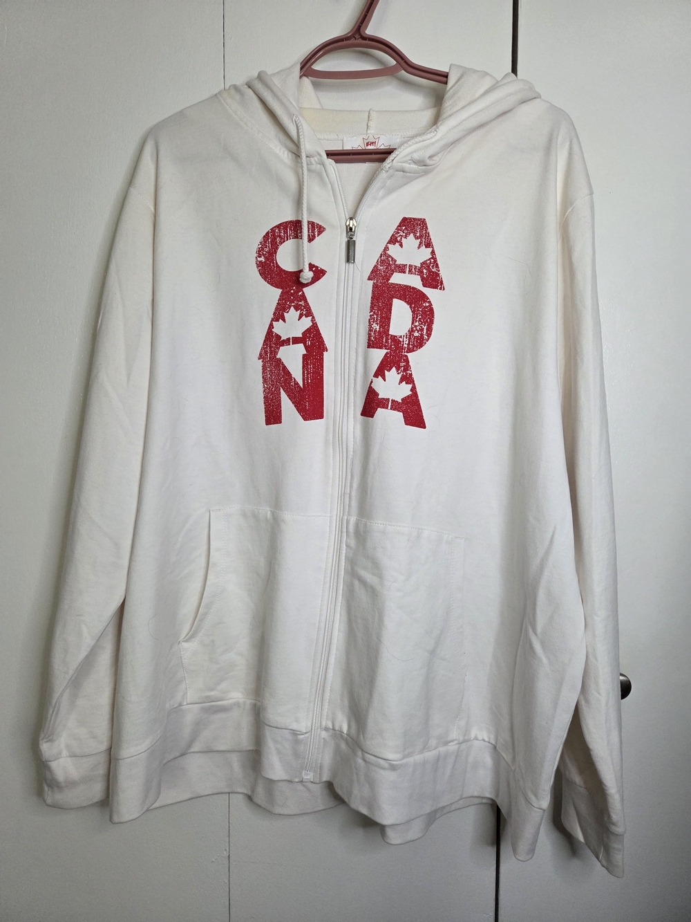Women’s 2X White Zip Hoodie with Red Canada Flag and Letter Graphic